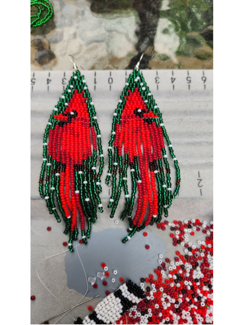 Handmade Christmas Cardinal Bird Beaded Fringe Earrings Red Green